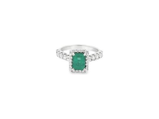 18K White Gold Halo Ring with Emerald-Cut Natural Emerald and Natural Round Diamonds